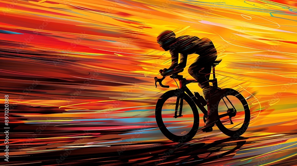 Fototapeta premium Silhouette of Cyclist Against a Dynamic Abstract Background