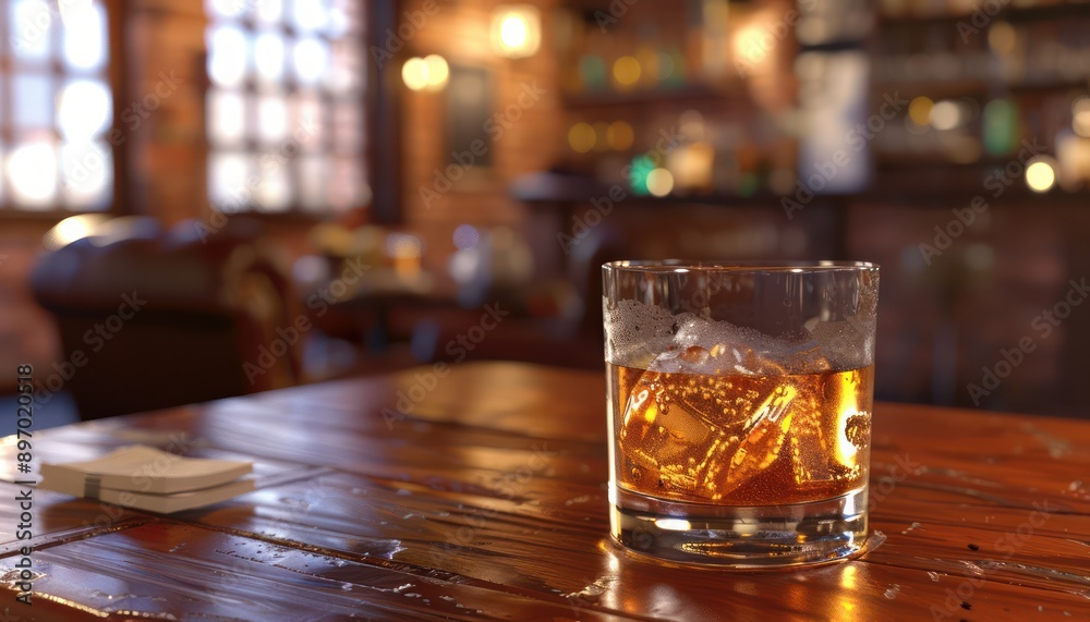 A Casual Offering of a Refreshing Drink in a Cozy Bar Setting Enjoy a Glass of Whiskey on Ice with Friends or Alone, Perfect for Relaxing After a Long Day A Casual Offering of a Refreshing Drink in a Cozy Bar Setting Enjoy a Glass of Whiskey on Ice with Friends or Alone, Perfect for Relaxing After a Long Day