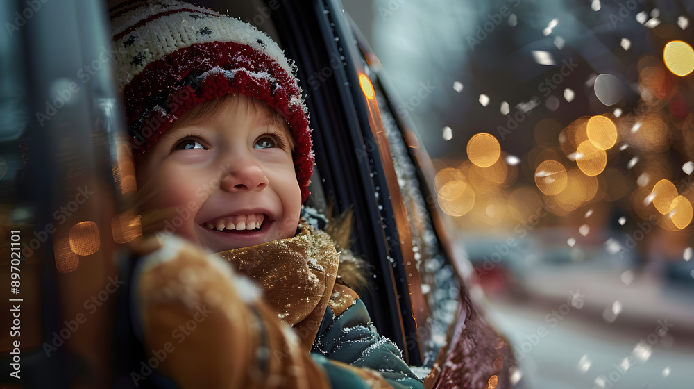 A little child popped out of the car window to see snow fall on the first day of the season. His excitement and wonder were evident as he enjoyed the magical moment. A little child popped out of the car window to see snow fall on the first day of the season. His excitement and wonder were evident as he enjoyed the magical moment.