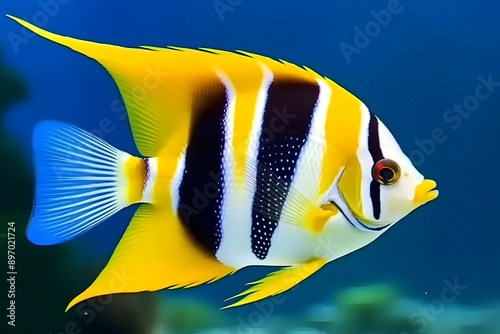 Sea life: exotic tropical coral reef bluering angelfish. Neural network AI generated art