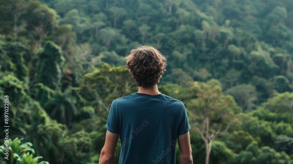 mock up of a man wearing a plain blue t-shirt from behind, with a mountain forest background with dense green trees, Ai generated Images mock up of a man wearing a plain blue t-shirt from behind, with a mountain forest background with dense green trees, Ai generated Images