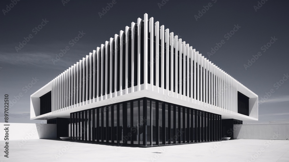 Obraz premium Modern Architecture: A sleek and contemporary building with sharp angles and a minimalist design, captured in a dramatic black and white photograph. The building's bold lines and geometric shapes crea