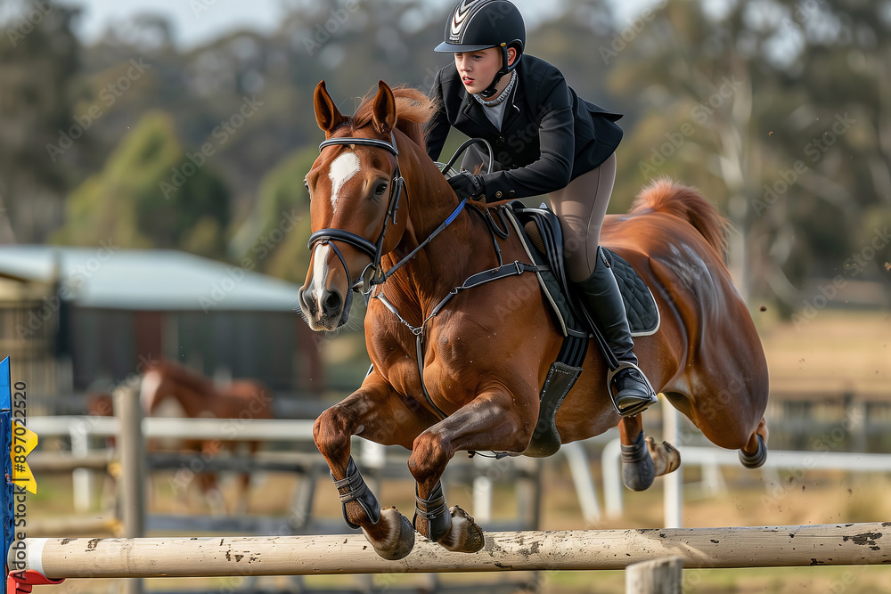 Young Equestrian Soaring Over a Wooden Jump in a Show Jumping Competition Young Equestrian Soaring Over a Wooden Jump in a Show Jumping Competition
