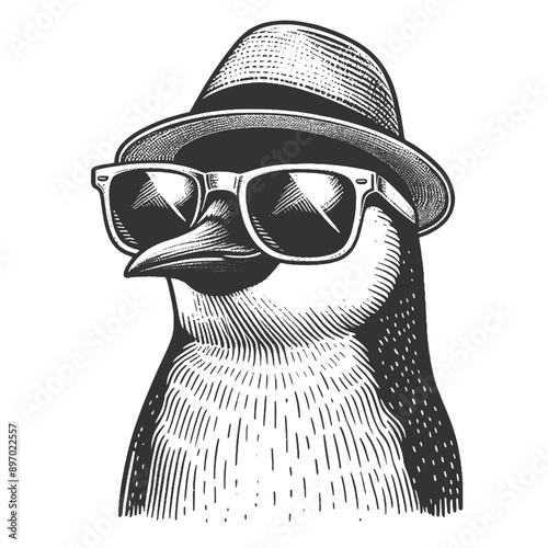 stylish penguin in sunglasses, hat. Fun and modern take on the classic animal illustration. sketch engraving generative ai vector illustration. Scratch board imitation. Black and white image.