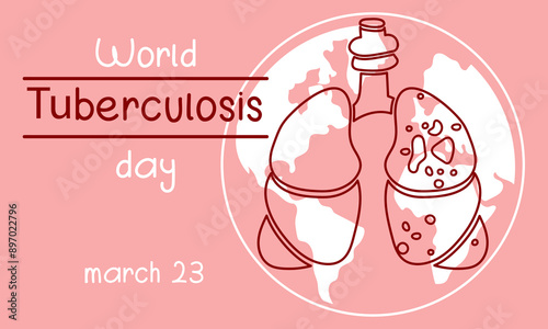 World Tuberculosis Day. March 24 information banner of the fight against tuberculosis with a silhouette map of the world, a view of the affected red contour lungs. Banner horizontal pink World TB day