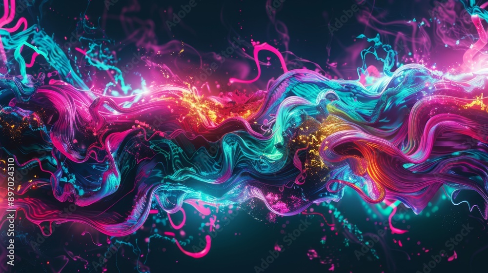 Obraz premium Neon Outlined Melting Noodles in Cyberpunk Futuristic Setting with Vibrant Colors