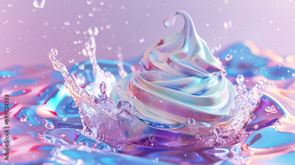 Digital Holographic Plate with Melting Ice Cream - Futuristic and Colorful Dessert Concept Digital Holographic Plate with Melting Ice Cream - Futuristic and Colorful Dessert Concept
