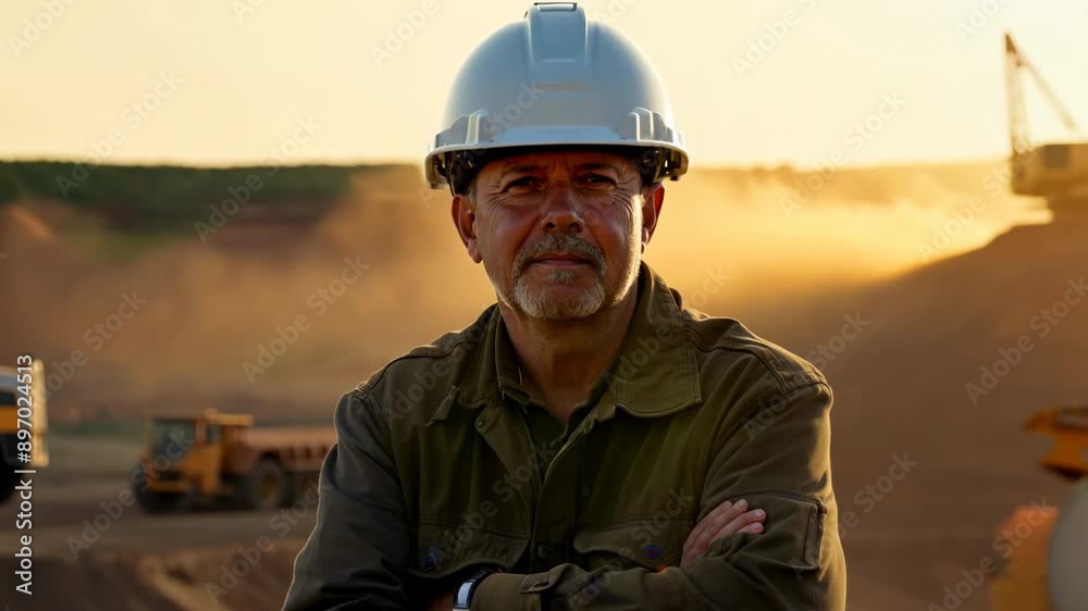 Portrait of confident senior miner wearing hard hat at open pit mine Portrait of confident senior miner wearing hard hat at open pit mine
