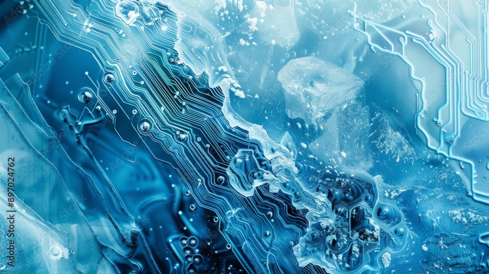Digital Fusion: Melting Ice with Embedded Technology Circuits in Cool Tones Digital Fusion: Melting Ice with Embedded Technology Circuits in Cool Tones