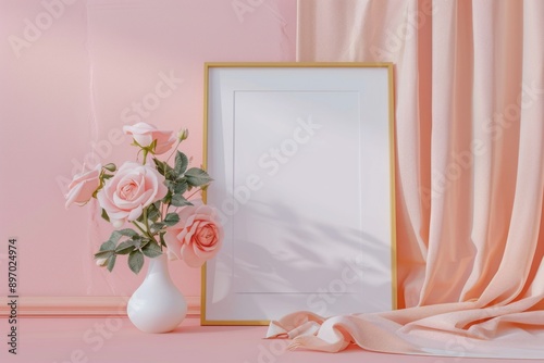 Minimalist Pink-Themed Decor with White Framed Poster, Vase of Roses, and Elegant Drapes - Ideal for Home and Event Designs