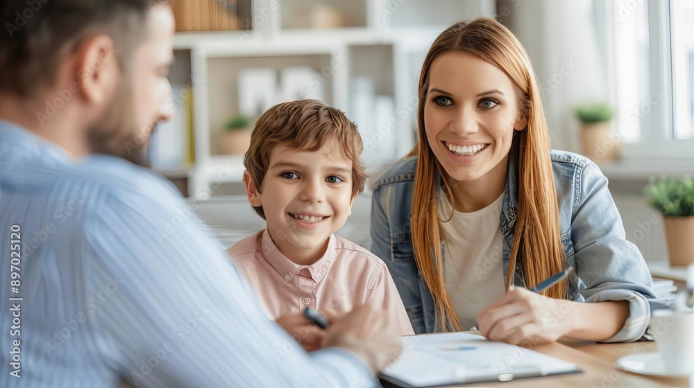 Family discussing insurance plans with an advisor in an office, family insurance, personalized and inclusive coverage planning Family discussing insurance plans with an advisor in an office, family insurance, personalized and inclusive coverage planning