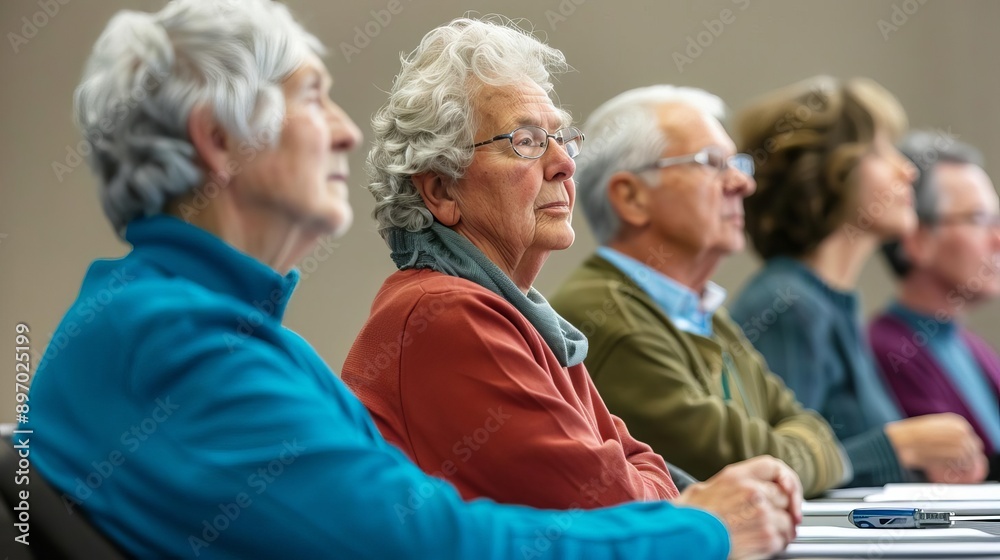 Group of seniors attending a seminar on Medicare and insurance, senior insurance education, proactive and informative coverage sessions Group of seniors attending a seminar on Medicare and insurance, senior insurance education, proactive and informative coverage sessions
