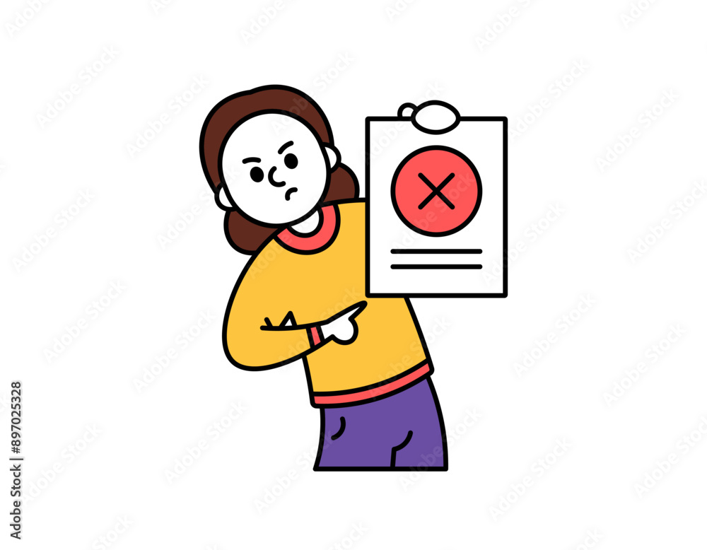 concept of bad work. job failed or rejected. wrong homework. illustration of a woman showing a piece of paper showing a cross symbol. outline style character design. graphic elements concept of bad work. job failed or rejected. wrong homework. illustration of a woman showing a piece of paper showing a cross symbol. outline style character design. graphic elements