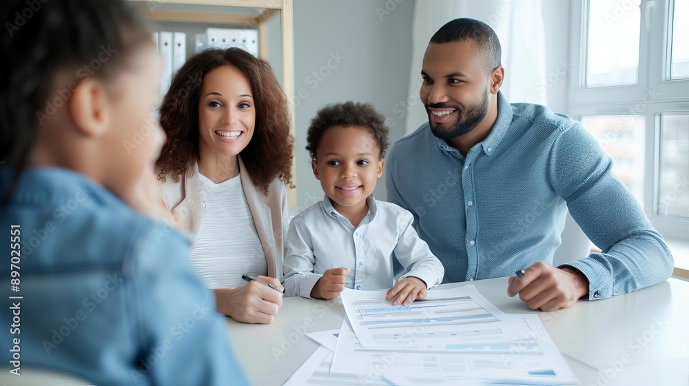 Multi-ethnic family sitting around a table with insurance papers, inclusive insurance, diverse and comprehensive family coverage Multi-ethnic family sitting around a table with insurance papers, inclusive insurance, diverse and comprehensive family coverage