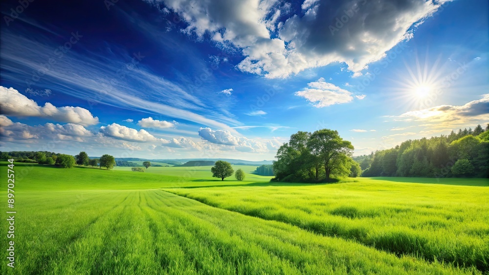 Beautiful landscape of green field under a clear blue sky, nature, outdoors, scenic, rural, countryside, grassy, meadow Beautiful landscape of green field under a clear blue sky, nature, outdoors, scenic, rural, countryside, grassy, meadow