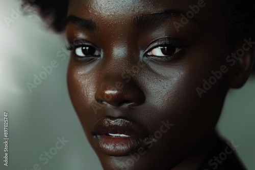 Close up of a young woman with glowing skin and dark brown eyes