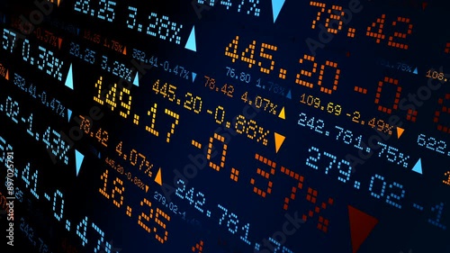 Stock market ticker with prices, percentage changes. Abstract ticker board, financial market, screen, business, trading, rates, quotes, investment. 3D animation photo