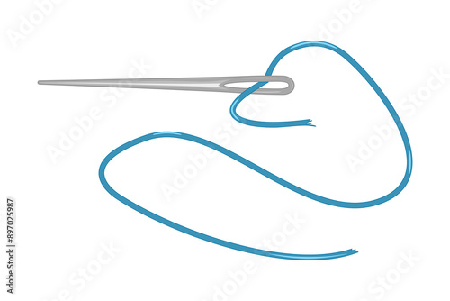 Needle with thread isolated on white background. Sewing needle with a long blue yarn. Sew, embroidery or needlework tool. Tailor sign. Diy and hobby symbol. Stock vector illustration