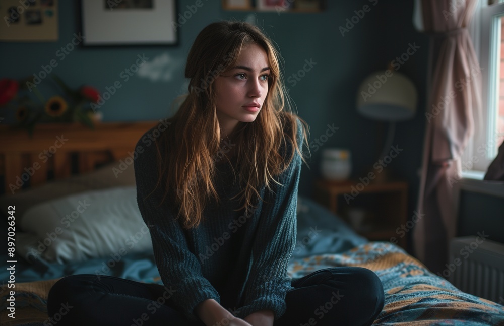 Young woman in bedroom on bed feeling sad and depressed after argument with husband Young woman in bedroom on bed feeling sad and depressed after argument with husband
