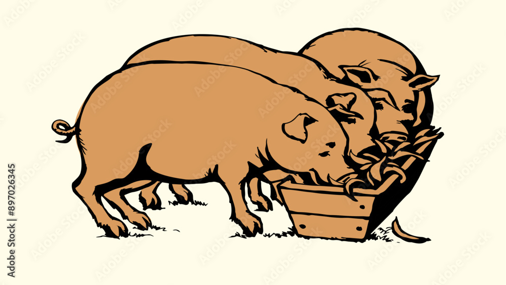 Vector drawing. Pigs eating rhe food Vector drawing. Pigs eating rhe food