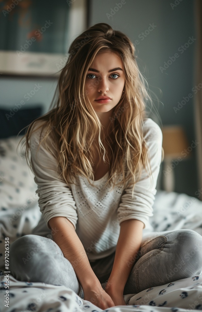 Obraz premium Young woman in bedroom on bed feeling sad and depressed after argument with husband