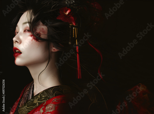Fashion surreal Concept. Side portrait of pale lifeless asian woman with red lips and stained makeup, cut on face, blood liquid from lip in oriental silk gown, hair ornament accessory. copy text space