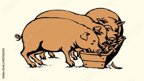 Vector drawing. Pigs eating rhe food