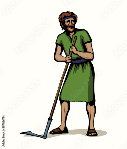 Vector drawing. A man with an old scythe