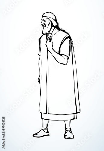 Vector drawing. Old man in ancient clothing