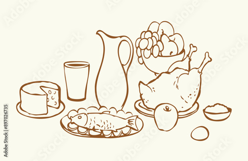 Vector drawing. Tasty feast food