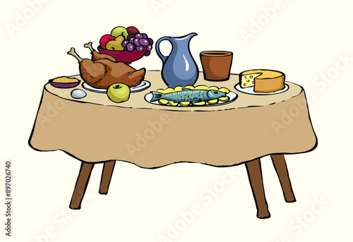 Vector drawing. Tasty feast food