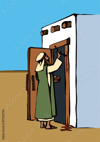 Vector drawing. The family fulfills God's command. Anoints the doorposts with the blood of the lamb