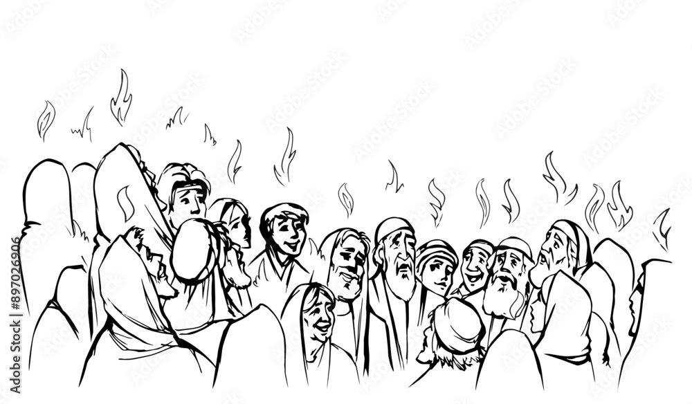 Vector drawing. Pentecost day. Many people came together for praying Vector drawing. Pentecost day. Many people came together for praying