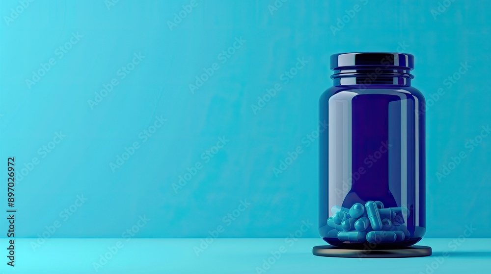 Blue health supplement bottle with bio pills on a modern stand, against a vibrant blue background, ideal for marketing wellness products. Blue health supplement bottle with bio pills on a modern stand, against a vibrant blue background, ideal for marketing wellness products.
