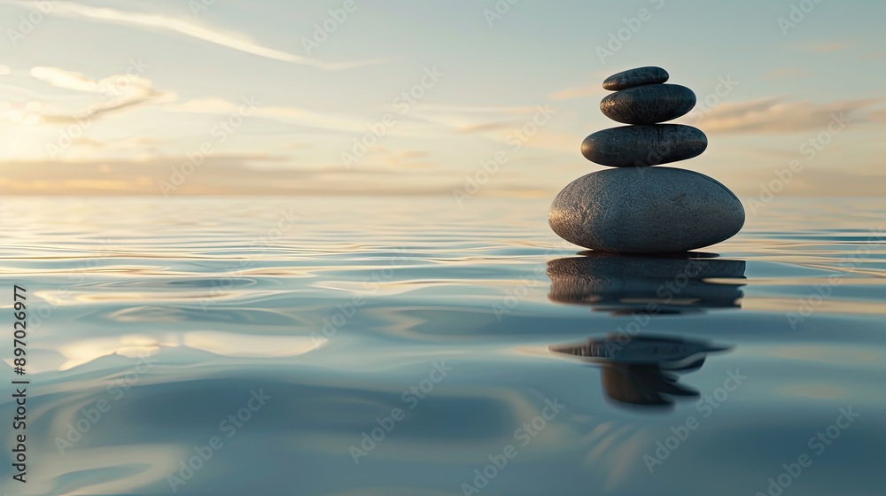 Calm water with a balanced stack of stones, set against a serene sea or spa backdrop, reflecting peace and stability in nature. Calm water with a balanced stack of stones, set against a serene sea or spa backdrop, reflecting peace and stability in nature.