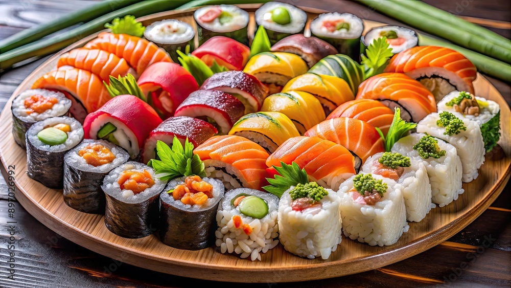 Close-up of a beautifully arranged sushi platter with fresh sashimi, maki rolls, and nigiri sushi , sushi Close-up of a beautifully arranged sushi platter with fresh sashimi, maki rolls, and nigiri sushi , sushi