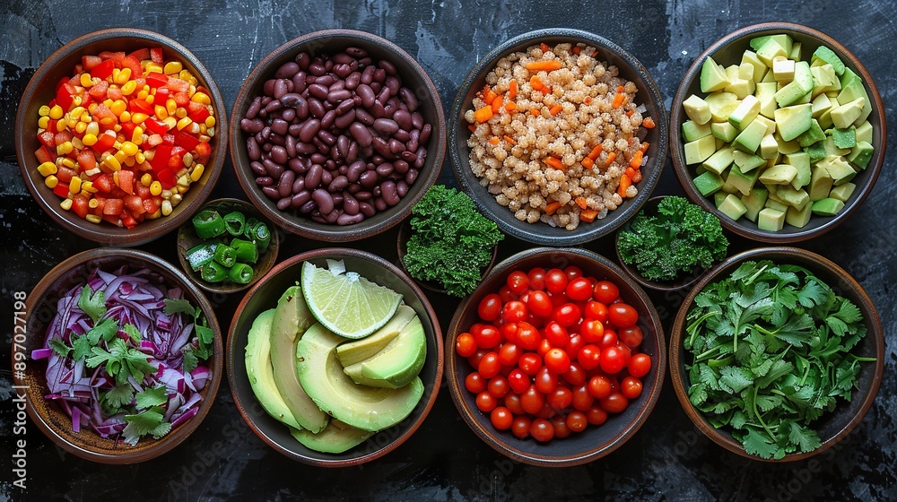 ingredients for delicious vegetarian tacos, prepared in earthenware bowls. ingredients for delicious vegetarian tacos, prepared in earthenware bowls.