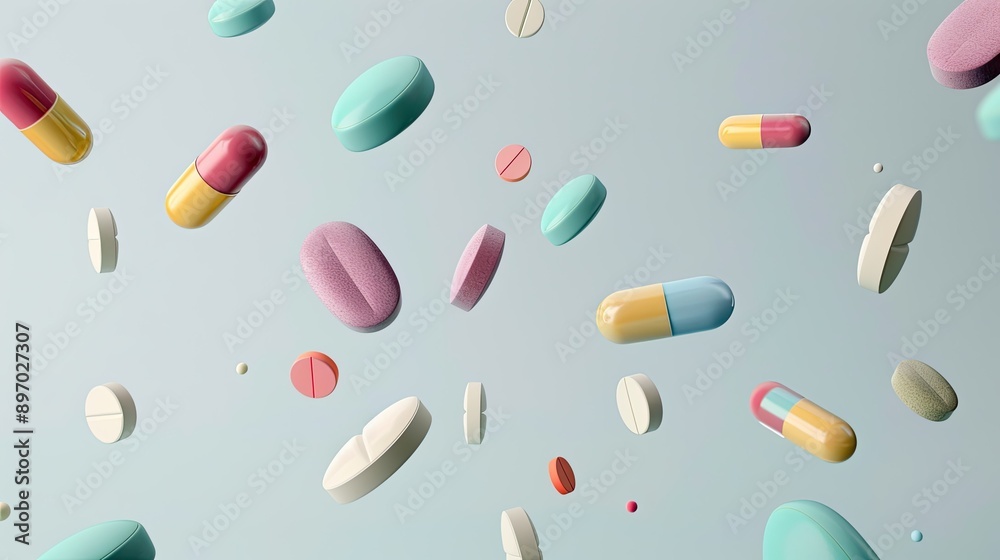 Diverse pills in mid-air over a light grey background, creating a vibrant and impactful banner design for health and wellness themes. Diverse pills in mid-air over a light grey background, creating a vibrant and impactful banner design for health and wellness themes.