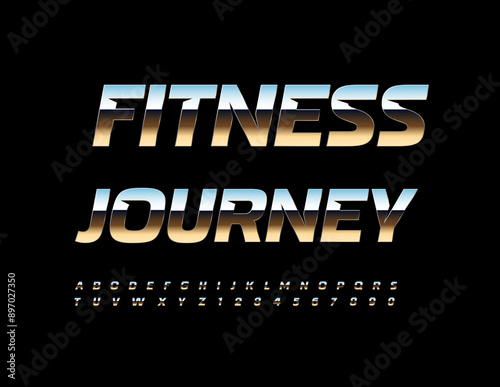 Vector silver icon Fitness Journey. Unique Metallic Font. Modern Alphabet Letters and Numbers set.