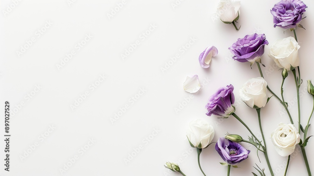 Elegant arrangement of white and purple eustoma flowers on a white background, flat lay view with plenty of copy space for wedding invitations. Elegant arrangement of white and purple eustoma flowers on a white background, flat lay view with plenty of copy space for wedding invitations.