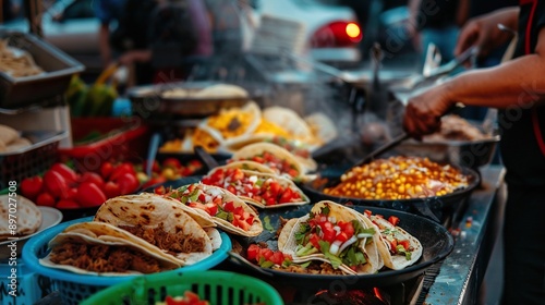 street stall, where delicious tacos are being made, we see the different fillings and ingredients.