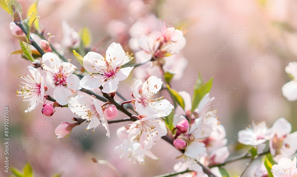 white flowers on peach branches with green leaves and pink buds, Generative AI white flowers on peach branches with green leaves and pink buds, Generative AI