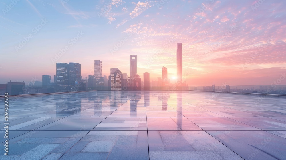 Empty square floor with a sleek bridge and a modern city skyline at sunrise, creating a serene and inspiring scene. Empty square floor with a sleek bridge and a modern city skyline at sunrise, creating a serene and inspiring scene.