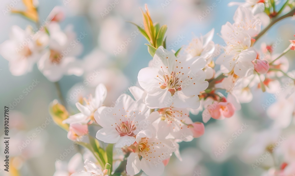 white flowers on peach branches with green leaves and pink buds, Generative AI white flowers on peach branches with green leaves and pink buds, Generative AI
