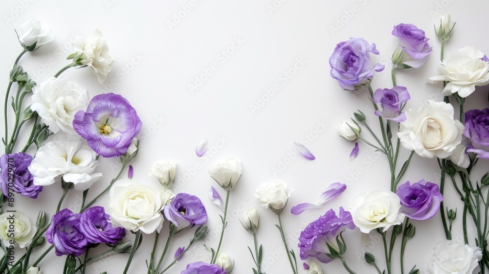 Floral composition featuring white and purple eustoma flowers on a white background. Flat lay with plenty of copy space for elegant wedding invitations.
