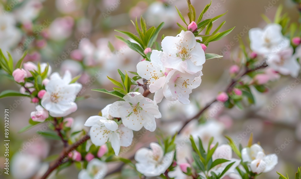 white flowers on peach branches with green leaves and pink buds, Generative AI white flowers on peach branches with green leaves and pink buds, Generative AI