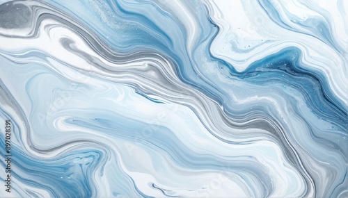 Background with fluid art texture. Backdrop with abstract mixing paint effect. Liquid acrylic artwork that flows and splashes. Mixed paints for interior poster. Light blue, silver and white colors