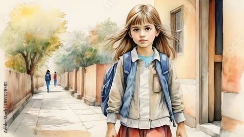 snall girl with backpack standing on street getting ready to go to school, watercolor drawing photo