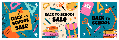 Back to school vector design concept banner, social media post set. Background, web, store advertising, shopping, discount offer, sale with stationery elements illustration in flat cartoon retro style