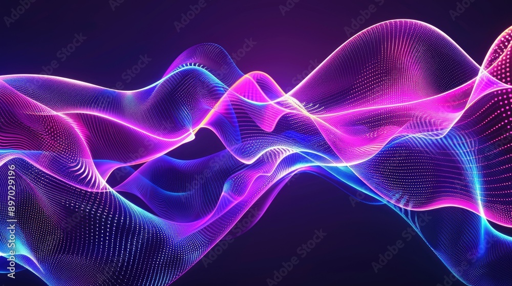 Obraz premium Vibrant ultraviolet wave patterns glowing against a dark background, ideal for attention-grabbing banners and 3D designs.